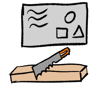  in the top right is a whiteboard with scribbles and shapes. beneath that is a saw with an orange handle cutting a plank of wood 